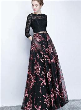 Picture of Black Color Lace and Pink Floral Tulle Long Party Dresses, Black Color Bridesmaid Dresses Party Dresses